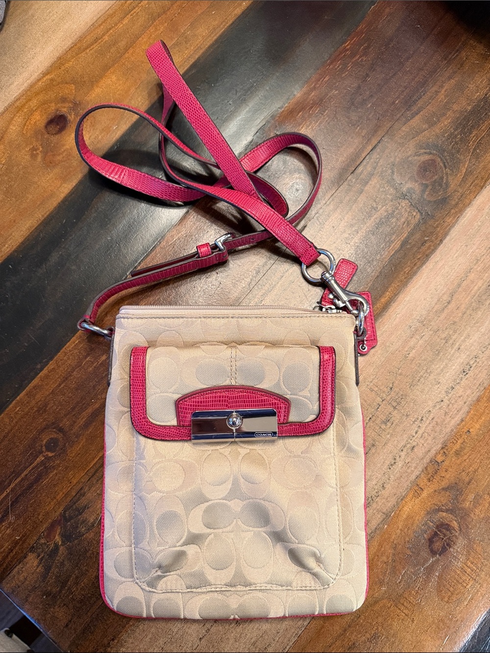 Coach Beige Signature Crossbody with Pink Trim and Strap. Used once